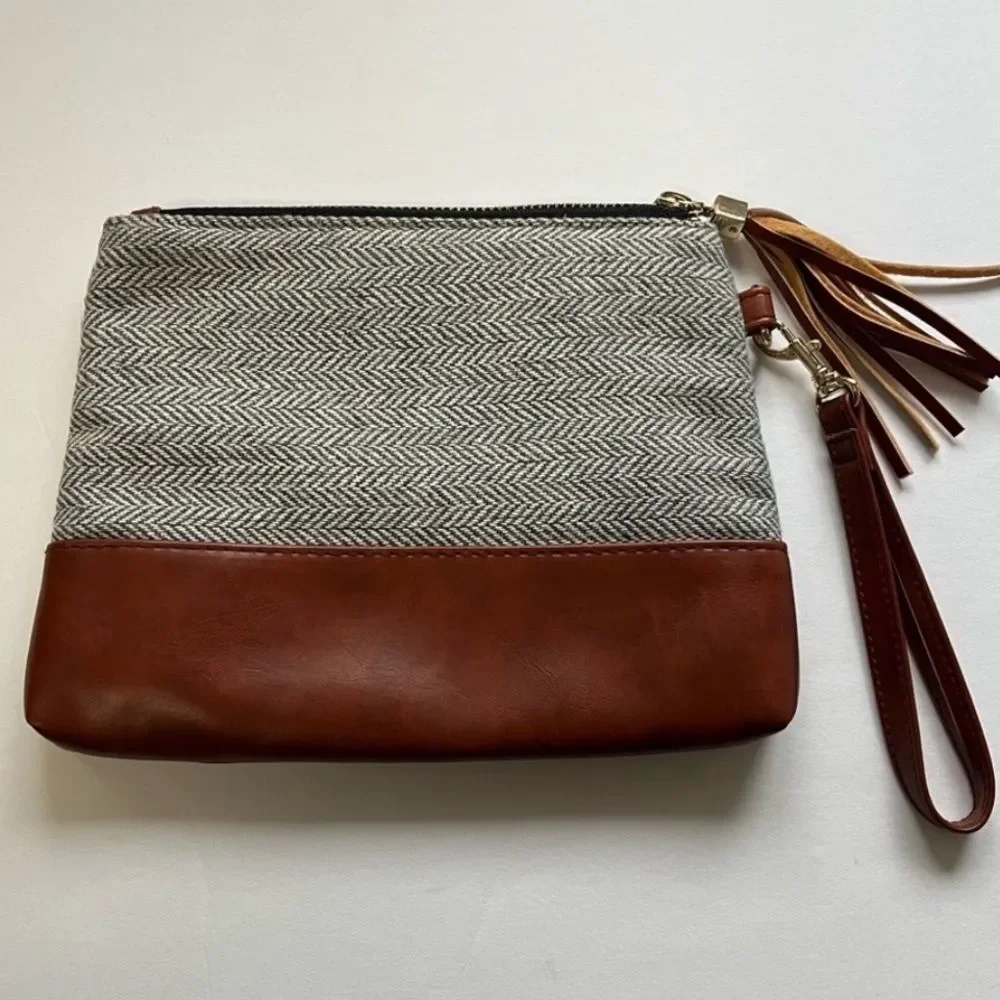 Funky Monkey Clutch Herringbone Gray & Faux Leather Purse 8.5”x6.5” Bag